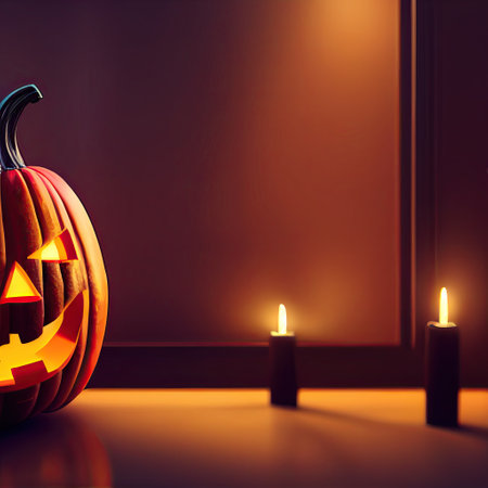 Scary creepy Happy Halloween jack o lantern pumpkin on table with candles background, spooky Halloween holiday night jack o lantern fall backdrop concept. 3D illustration.の写真素材