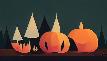 Halloween spooky background, scary creepy creative october dark night autumn gloomy backdrop pumpkin face with candle lights. Happy Halloween illustration concept. Paper cutの写真素材