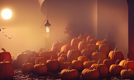 Halloween spooky pumpkins background. Scary creepy october dark night gloomy scene with many pumpkins in autumn lantern lights. Happy Halloween fantasy backdrop. Illustrationの写真素材