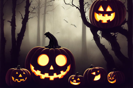 Halloween spooky background, scary jack o lantern pumpkins faces. Scary creepy forest in october dark autumn gloomy night with misty foggy sky. Happy Halloween outdoor backdrop.の写真素材