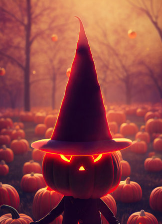 Halloween spooky background, scary jack o lantern pumpkin wearing hat standing in creepy forest in october dark glowing night gloomy foggy sky. Happy Halloween backdrop vertical. Copy space.の写真素材