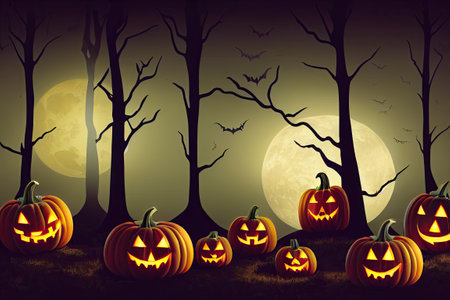 Halloween spooky background, scary jack o lantern pumpkins faces. Scary creepy forest in october dark autumn gloomy night with full moon on foggy sky. Happy Halloween outdoor backdrop.の写真素材