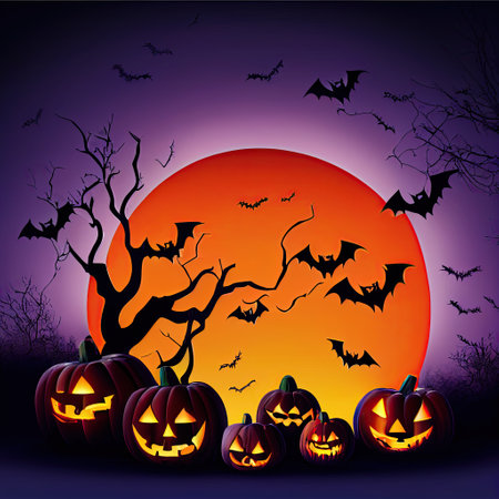 Scary creepy Happy Halloween pumpkins night background, spooky Halloween holiday forest with bats and full moon fall foggy purple backdrop moon concept. 3D illustration.の写真素材