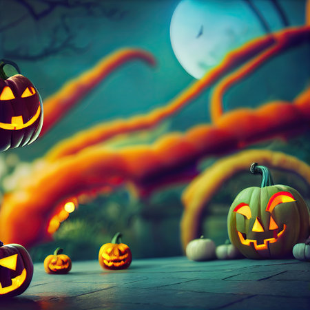 Scary creepy Happy Halloween jack o lantern pumpkins scene background, spooky Halloween holiday night with bats, trees and full moon fall backdrop concept. 3D illustration.の素材