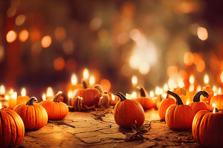 Halloween spooky background, pumpkins scene. Scary creepy october dark night autumn gloomy scene with many pumpkins on ground and bokeh candle lights. Happy Halloween outdoor backdrop concept.の写真素材