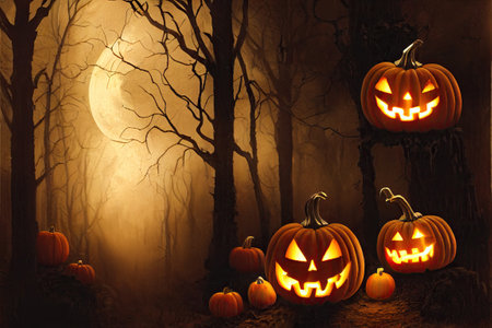 Halloween spooky background, scary pumpkins scene. Scary creepy forest in october dark night autumn gloomy creepy landscape with moon and moonlight. Happy Halloween outdoor concept. 3D illustration.の写真素材