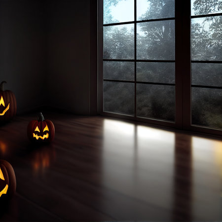 Scary creepy Happy Halloween jack o lantern pumpkins on floor inside old dark house with big window background, spooky Halloween holiday night jack o lantern fall backdrop concept. 3D illustration.の写真素材