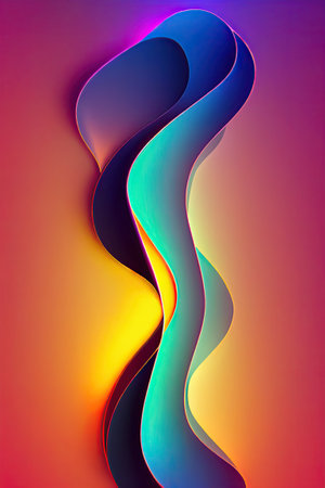 Neon curves bright vibrant pink blue purple yellow waves flow ribbons abstract minimalist background. Glowing colorful wavy color lines futuristic cool illuminating light soft Illustration.の写真素材
