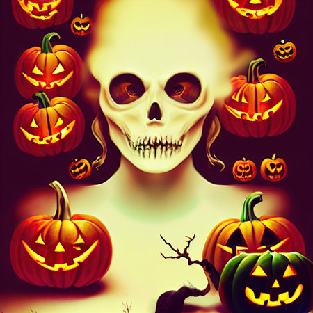 Scary creepy Happy Halloween skull monster with orange pumpkins celebration background, art spooky Halloween holiday night fall backdrop concept. 3D illustration.の写真素材