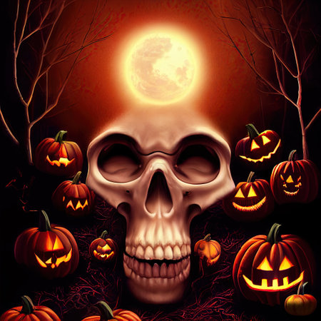 Scary creepy Happy Halloween skull monster with orange pumpkins celebration background, art spooky Halloween holiday night fall backdrop concept. 3D illustration.の写真素材