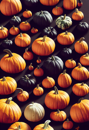 Halloween background, many black and orange pumpkins vertical pattern. October autumn season gourds backdrop. Happy Halloween fall holiday decoration concept. Illustration.の写真素材