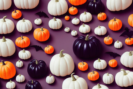 Halloween background, many white, orange and black pumpkins and bats pattern. October scary spooky...