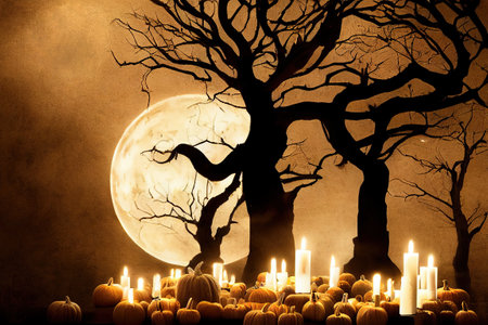 Halloween spooky background, scary pumpkins scene. Scary creepy forest in october dark night autumn gloomy creepy tree with full moon, fog and candles. Happy Halloween outdoor backdrop concept.の写真素材