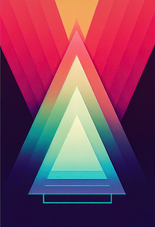 Glowing blue purple pink neon glowing triangle background. Futuristic bright abstract backdrop, geometric style pattern texture wall, vibrant cool illuminating light nightlife backdrop.の写真素材