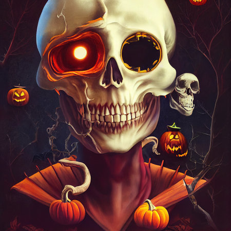 Scary creepy Happy Halloween skull monster with orange pumpkins celebration background, art spooky Halloween holiday night fall backdrop concept. 3D illustration.の写真素材