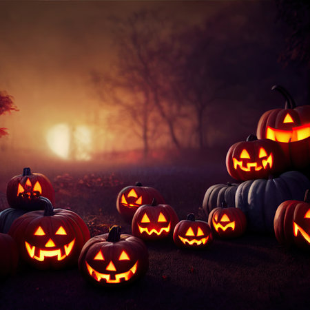 Scary creepy Happy Halloween pumpkins scene background, spooky Halloween holiday night with bats, with old house and full moon fall backdrop concept. 3D illustration.の写真素材