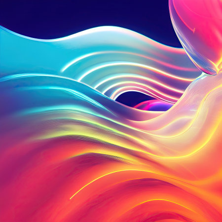 Neon curves bright vibrant pink blue purple orange waves flow ribbons abstract minimalist background. Glowing pink violet wavy color lines futuristic cool illuminating light soft Illustration.の写真素材