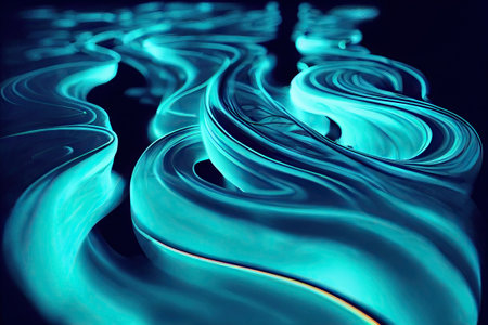 Neon curves bright vibrant blue green waves flow ribbons abstract minimalist background. Glowing pink blue green color lines futuristic cool illuminating light soft Illustration concept.の写真素材