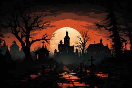Happy Halloween spooky scary moon night scene horror landscape background. Creepy dark forest woods trees, moon and Happy Haloween ghosts gothic mysterious sky moonlight gloomy scenery backdrop.の素材