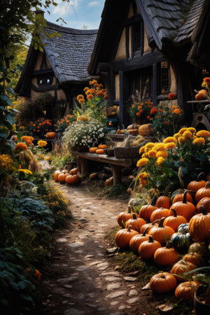 Halloween spooky background, scary jack o lantern pumpkins in creepy dark Happy Haloween ghosts horror mysterious night village street garden with old haunted house mystic backdrop.の素材