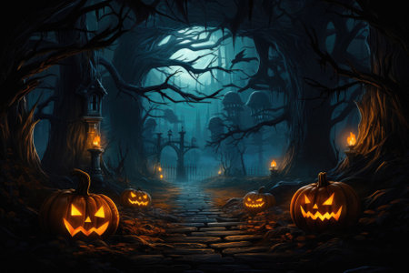 Halloween spooky background, scary jack o lantern pumpkins in creepy dark forest with bats, spooky trees and moon, Happy Haloween ghosts horror gothic mysterious night moonlight backdrop.の素材