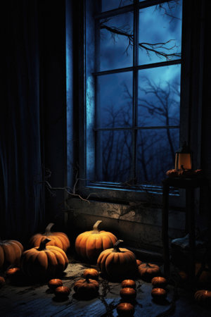 Halloween spooky background, scary pumpkins with smoke in old big creepy Happy Haloween ghosts horror house inside big empty foggy room. Creepy october dark smoky mysterious night backdrop concept.の素材
