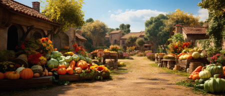 Halloween spooky background, scary jack o lantern pumpkins in creepy dark Happy Haloween ghosts horror mysterious night village street garden with old haunted house mystic backdrop.の素材