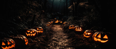 Happy Halloween background spooky scene, creepy dark night jack o lantern pumpkins and spooky graves on graveyard ghosts horror gothic evil cemetery landscape. Mysterious night moonlight backdrop.の素材