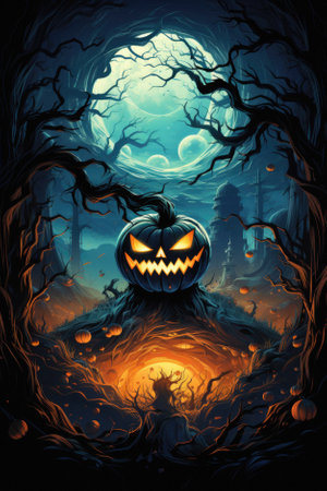 Halloween spooky background, scary jack o lantern pumpkins in creepy dark forest with bats, spooky trees and moon, Happy Haloween ghosts horror gothic mysterious night moonlight backdrop.の素材