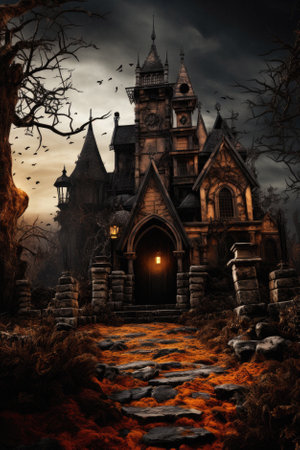 Happy Halloween background spooky scene, creepy dark night jack o lantern pumpkins and spooky graves on graveyard ghosts horror gothic evil cemetery landscape. Mysterious night moonlight backdrop.の素材