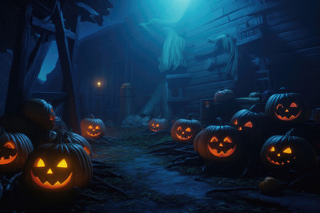 Halloween spooky background, scary pumpkins with smoke in old big creepy Happy Haloween ghosts horror house inside big empty foggy room. Creepy october dark smoky mysterious night backdrop concept.の素材