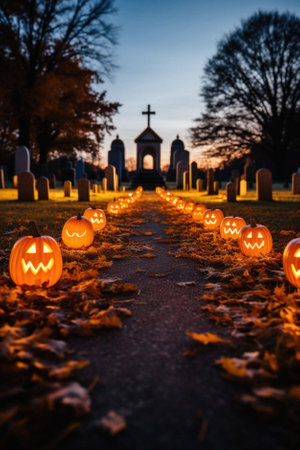 Happy Halloween background spooky scene, creepy dark night jack o lantern pumpkins and spooky graves on graveyard ghosts horror gothic evil cemetery landscape. Mysterious night moonlight backdrop.の素材