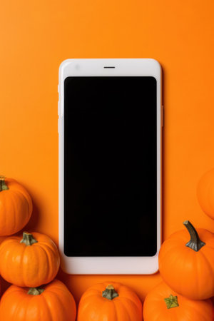 Big phone mock up white empty blank screen template Happy Halloween pumpkins background, Haloween mobile digital online shopping cellphone app sale promotion offer application ads, smartphone mockup.の素材