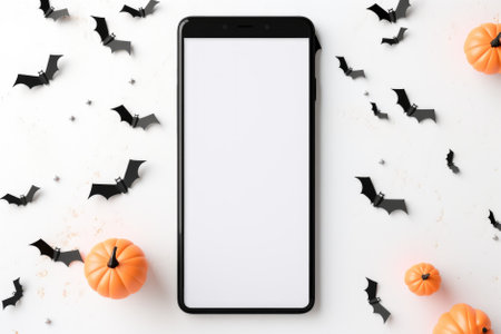 Big phone mock up white empty blank screen template Happy Halloween pumpkins background, Haloween mobile digital online shopping cellphone app sale promotion offer application ads, smartphone mockup.の素材
