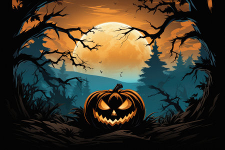 Halloween spooky background, scary jack o lantern pumpkins in creepy dark forest with bats, spooky trees and moon, Happy Haloween ghosts horror gothic mysterious night moonlight backdrop.の素材