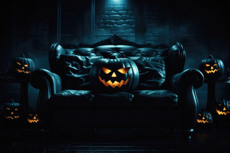 Halloween spooky background, scary pumpkins with smoke in old big creepy Happy Haloween ghosts horror house inside big empty foggy room. Creepy october dark smoky mysterious night backdrop concept.の素材