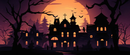 Happy Halloween spooky scary moon night scene horror landscape background. Creepy dark forest woods trees, moon and Happy Haloween ghosts gothic mysterious sky moonlight gloomy scenery backdrop.の素材