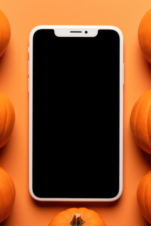 Big phone mock up white empty blank screen template Happy Halloween pumpkins background, Haloween mobile digital online shopping cellphone app sale promotion offer application ads, smartphone mockup.の素材