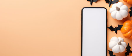 Big phone mock up white empty blank screen template Happy Halloween pumpkins background, Haloween mobile digital online shopping cellphone app sale promotion offer application ads, smartphone mockup.の素材