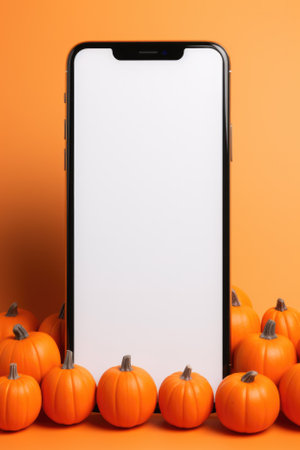 Big phone mock up white empty blank screen template Happy Halloween pumpkins background, Haloween mobile digital online shopping cellphone app sale promotion offer application ads, smartphone mockup.の素材