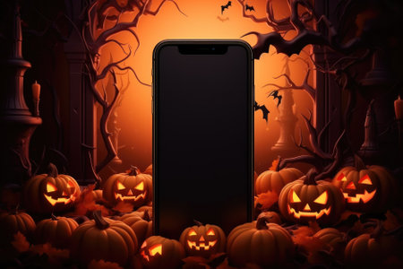 Big phone mock up black empty blank screen template Happy Halloween pumpkins background, Haloween mobile digital online shopping cellphone app sale promotion offer application ads, smartphone mockup.の素材
