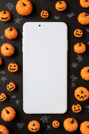 Big phone mock up white empty blank screen template Happy Halloween pumpkins background, Haloween mobile digital online shopping cellphone app sale promotion offer application ads, smartphone mockup.の素材