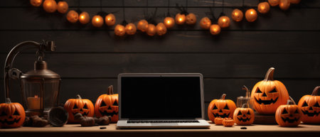 Laptop computer mock up white empty blank screen template Happy Halloween pumpkins decorations background, Thanksgiving digital online shopping website promo fall sale promotion offer ads, mockup.の素材