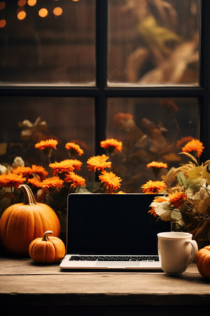 Laptop computer mock up white empty blank screen template Happy Halloween pumpkins decorations background, Thanksgiving digital online shopping website promo fall sale promotion offer ads, mockup.の素材