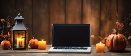 Laptop computer mock up white empty blank screen template Happy Halloween pumpkins decorations background, Thanksgiving digital online shopping website promo fall sale promotion offer ads, mockup.の素材