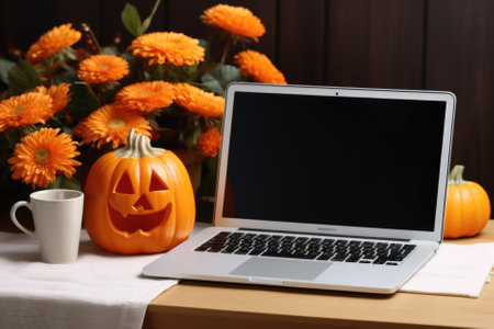 Laptop computer mock up white empty blank screen template Happy Halloween pumpkins decorations background, Thanksgiving digital online shopping website promo fall sale promotion offer ads, mockup.の素材