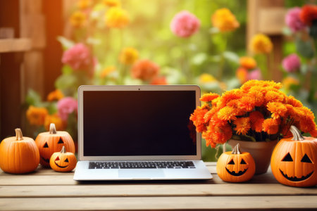 Laptop computer mock up white empty blank screen template Happy Halloween pumpkins decorations background, Thanksgiving digital online shopping website promo fall sale promotion offer ads, mockup.の素材