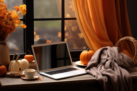 Laptop Happy Halloween pumpkins on table workspace background, computer on Haloween holiday desk with decorations for remote office party celebration cozy workplace online work.の素材