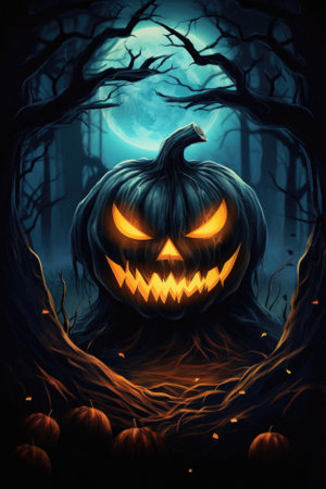 Halloween spooky background, scary jack o lantern pumpkins in creepy dark forest with bats, spooky trees and moon, Happy Haloween ghosts horror gothic mysterious night moonlight backdrop.の素材