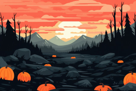 Happy Halloween background spooky scene, creepy dark night with moon, pumpkins and spooky trees on graveyard ghosts horror gothic evil cemetery landscape. Mysterious night moonlight backdrop.の素材